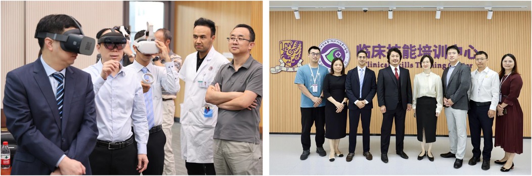 On the left, people in formal attire and lab coats are trying on VR headsets indoors, with one holding associated controllers. On the right, a group of people stands in a line, dressed formally, in front of a wall with insignia and signs related to a Clinical Skills Training Center.