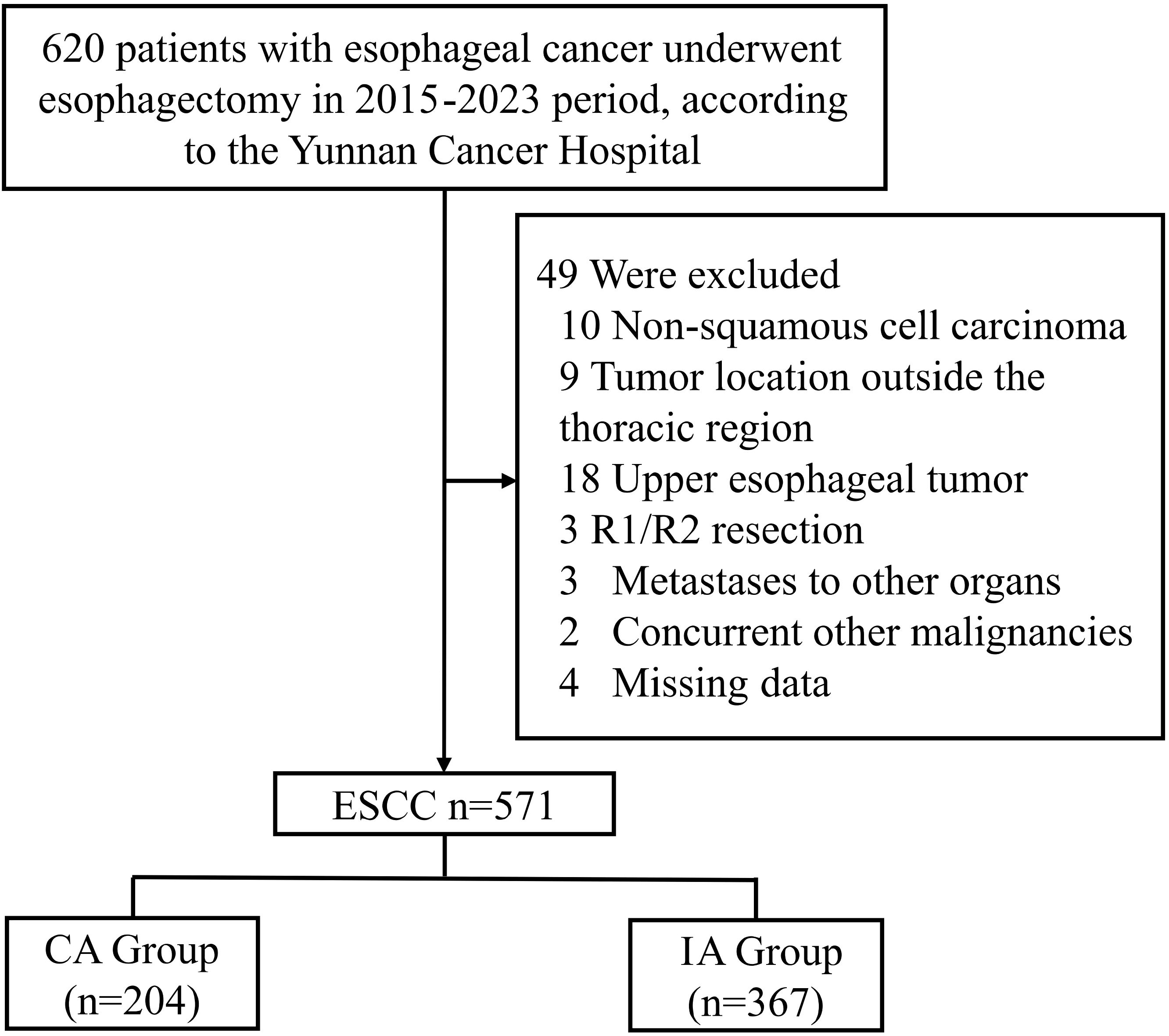 Flowchart showing the selection process for a study at Yunnan Cancer Hospital on esophagectomy patients. Of 620 patients, 49 were excluded for various reasons, leaving 571 included in the study. These were divided into the CA Group with 204 patients and the IA Group with 367 patients.