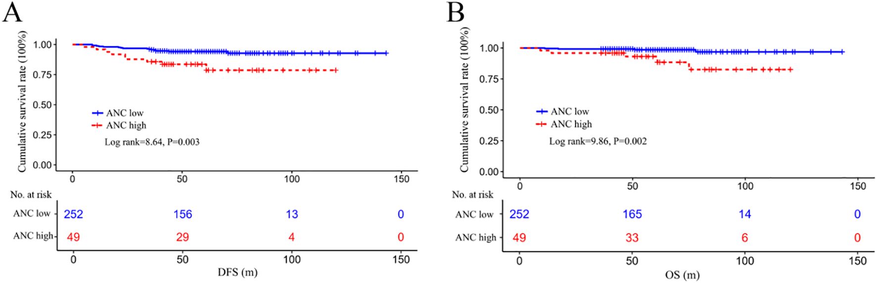 Panel A and B show Kaplan-Meier survival curves comparing low and high ANC groups. Panel A illustrates DFS with a log-rank of 8.64 and P value of 0.003. Panel B depicts OS with a log-rank of 9.86 and P value of 0.002. Each panel includes a table of individuals at risk over time.