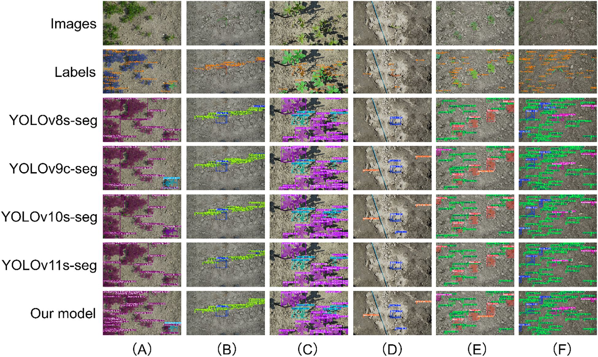 Comparison of segmentation results for detecting objects in soil in a grid layout. Rows include different models: YOLOv8s-seg, YOLOv9c-seg, YOLOv10s-seg, YOLOv11s-seg, and “Our model.” Columns A to F show different segments of the ground. First row shows original images, second row shows labels, subsequent rows display model outputs with different color-coded overlays indicating detected objects.
