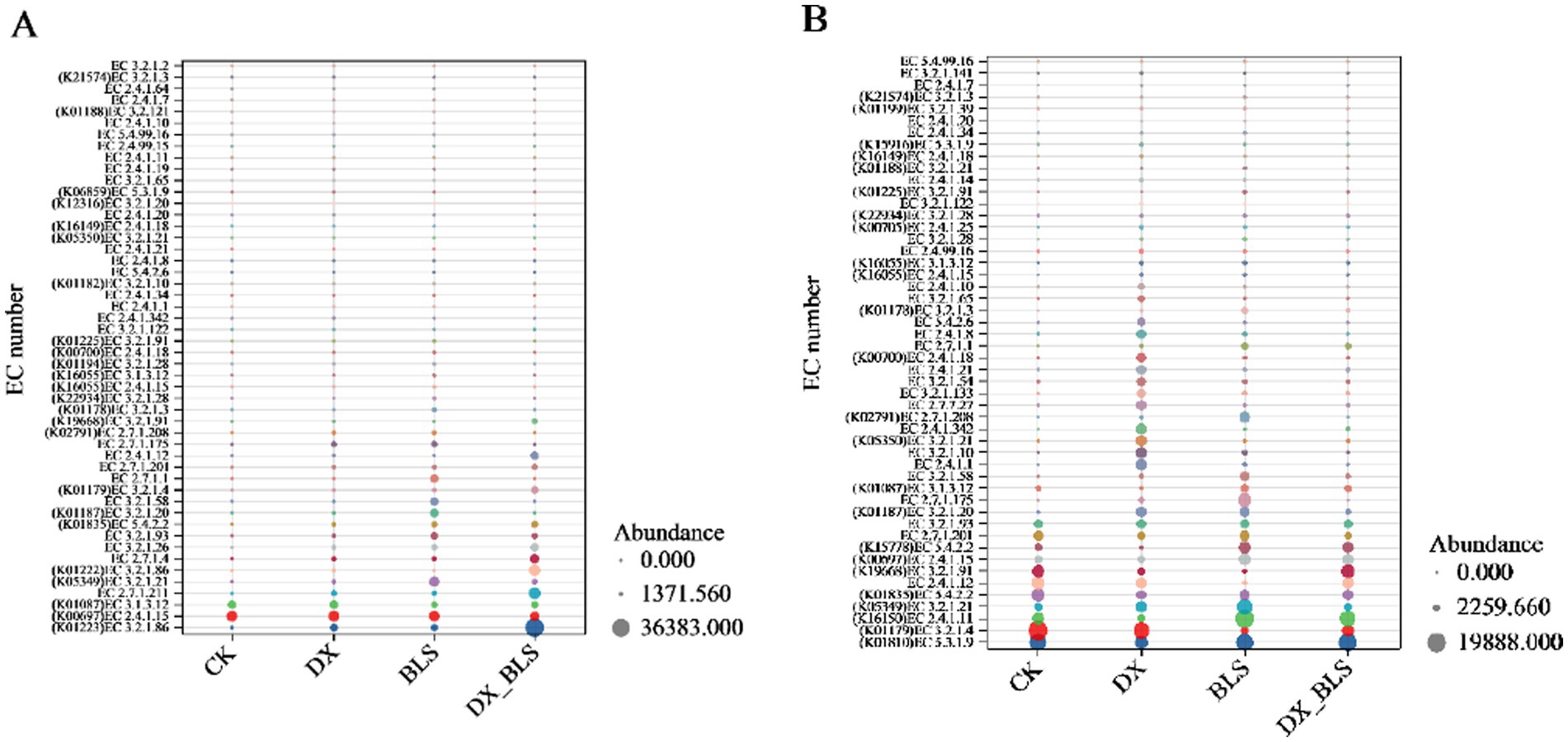 Two bubble charts labeled A and B show enzyme commission (EC) numbers on the y-axis and sample groups CK, DX, BLS, and DX_BLS on the x-axis. Each chart depicts bubbles of varying sizes and colors, representing the abundance values, with a legend indicating sizes ranging from zero to larger values. Chart A shows smaller abundance levels compared to B.