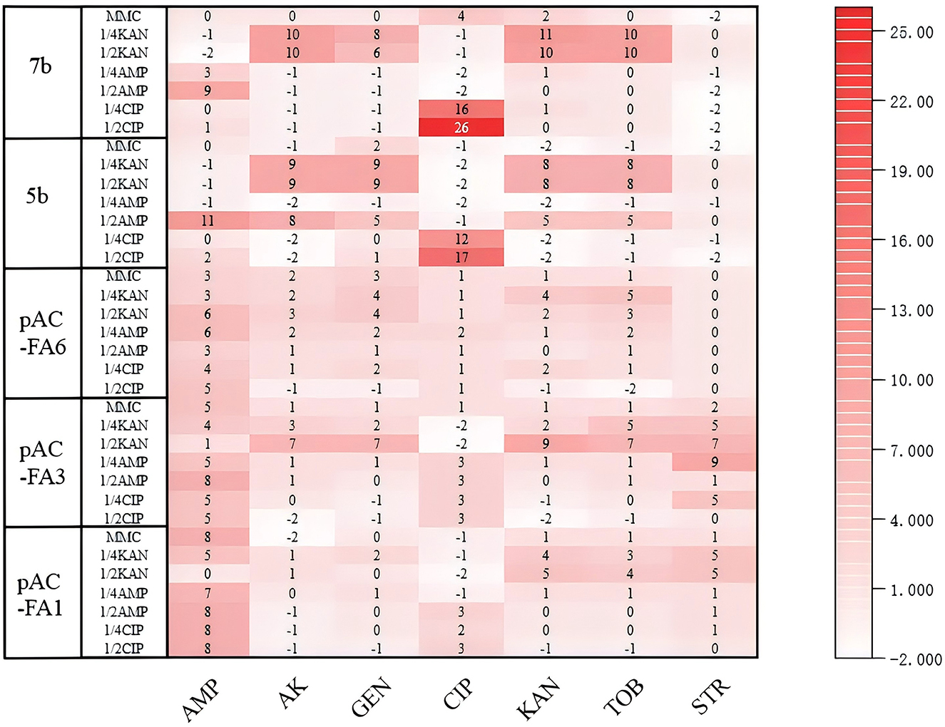Heatmap showing antibiotic resistance data for different strains. Rows represent varying conditions involving MIC (Minimum Inhibitory Concentration) and antibiotic dilutions. Columns denote antibiotics: AMP, AK, GEN, CIP, KAN, TOB, STR. Color intensity reflects resistance levels with a scale ranging from −2.000 to 26.00, where darker shades indicate higher resistance. Notable findings include several high resistance scores, particularly in strains 7b for antibiotics KAN and CIP.