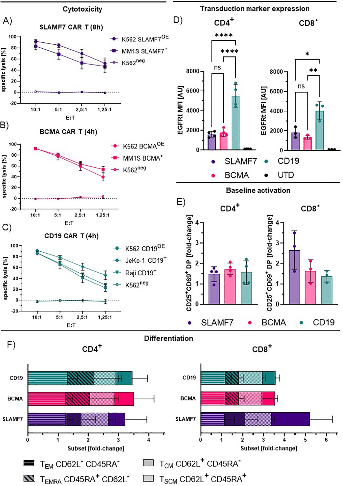 The image is a multi-panel scientific figure demonstrating cytotoxicity, transduction marker expression, baseline activation, and differentiation in CAR T cells. Panels A, B, and C show cytotoxicity graphs for SLAMF7, BCMA, and CD19 CAR T cells, respectively, with different cell targets over time. Panel D displays bar graphs comparing EGFRt mean fluorescence intensity for CD4 and CD8 cells across different markers. Panel E provides bar graphs for baseline activation in CD4 and CD8 cells. Panel F depicts differentiation as bar charts, comparing fold changes in subsets for CD4 and CD8 cells.