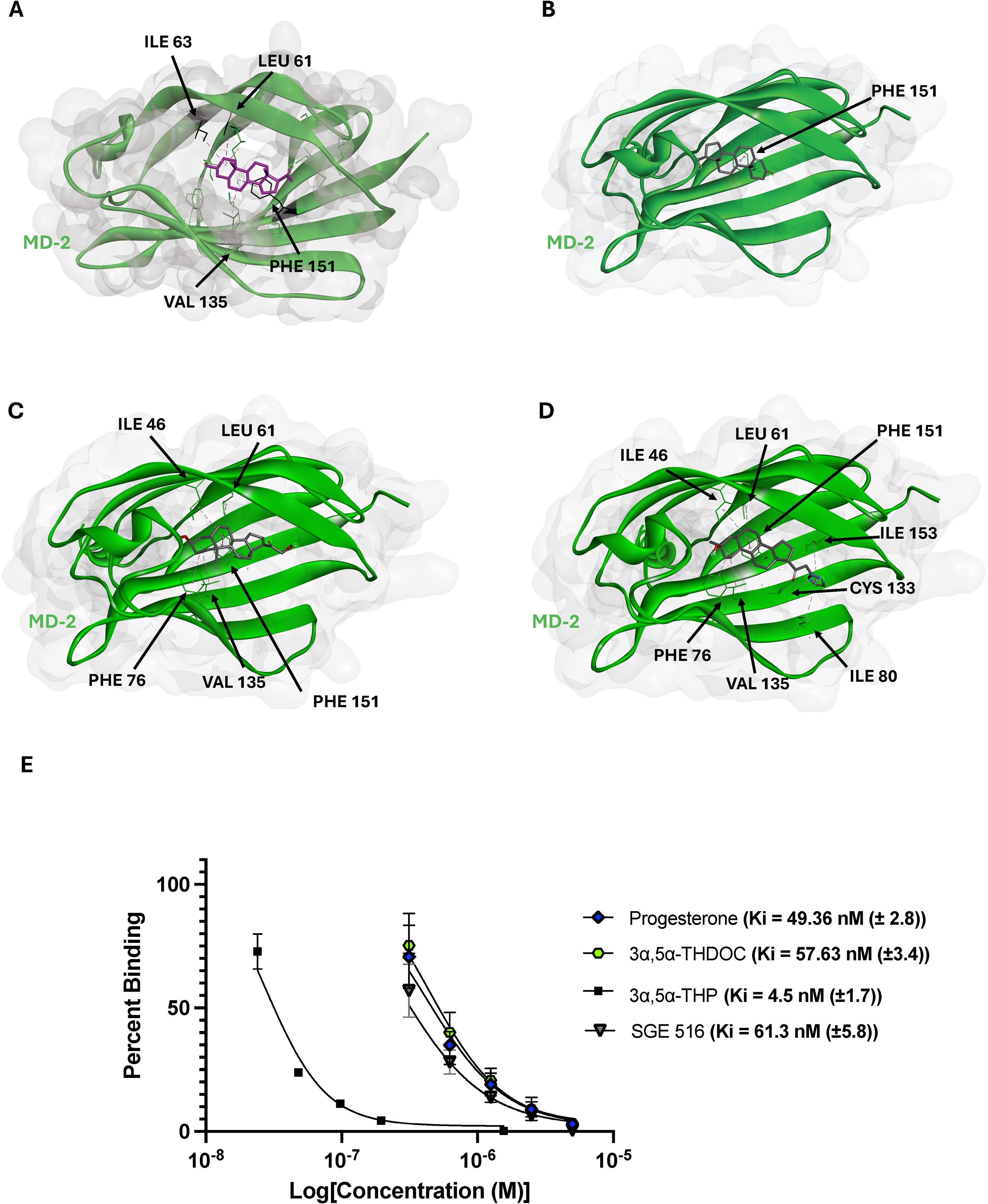 A series of four molecular structures (A, B, C, D) of the MD-2 protein complex in green with annotated amino acids such as ILE, LEU, VAL, PHE, and CYS, indicating specific binding sites. Panel E displays a line graph showing percent binding versus concentration on a logarithmic scale for four compounds: Progesterone, 3α,5α-THDOC, 3α,5α-THP, and SGE 516, with their K\(_i\) values and standard errors.