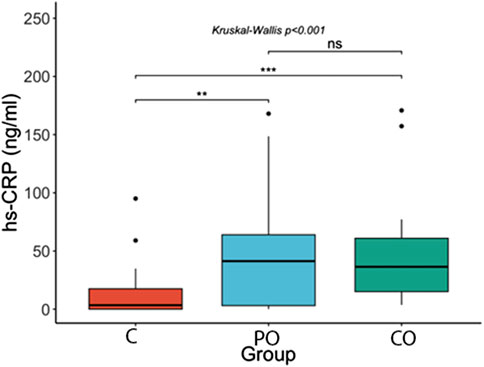Box plot displaying hs-CRP levels (ng/ml) for three groups: C, PO, and CO. PO shows higher hs-CRP levels than C and CO. The Kruskal-Wallis test indicates statistical significance with p<0.001. Significance markers include ** and ***.