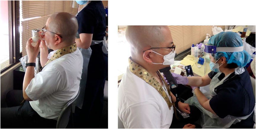 Left image: A person in a white shirt and patterned collar inhales from a mask-like device near a window. Right image: The same person receives a vaccine from a healthcare worker wearing protective gear.