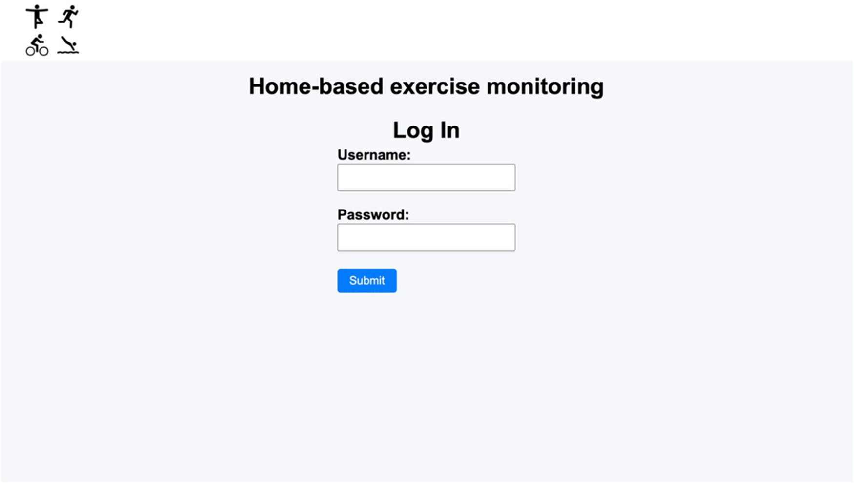 Log in screen for \"Home-based exercise monitoring\" with username and password fields and a submit button. Icons depicting various exercises are shown at the top.