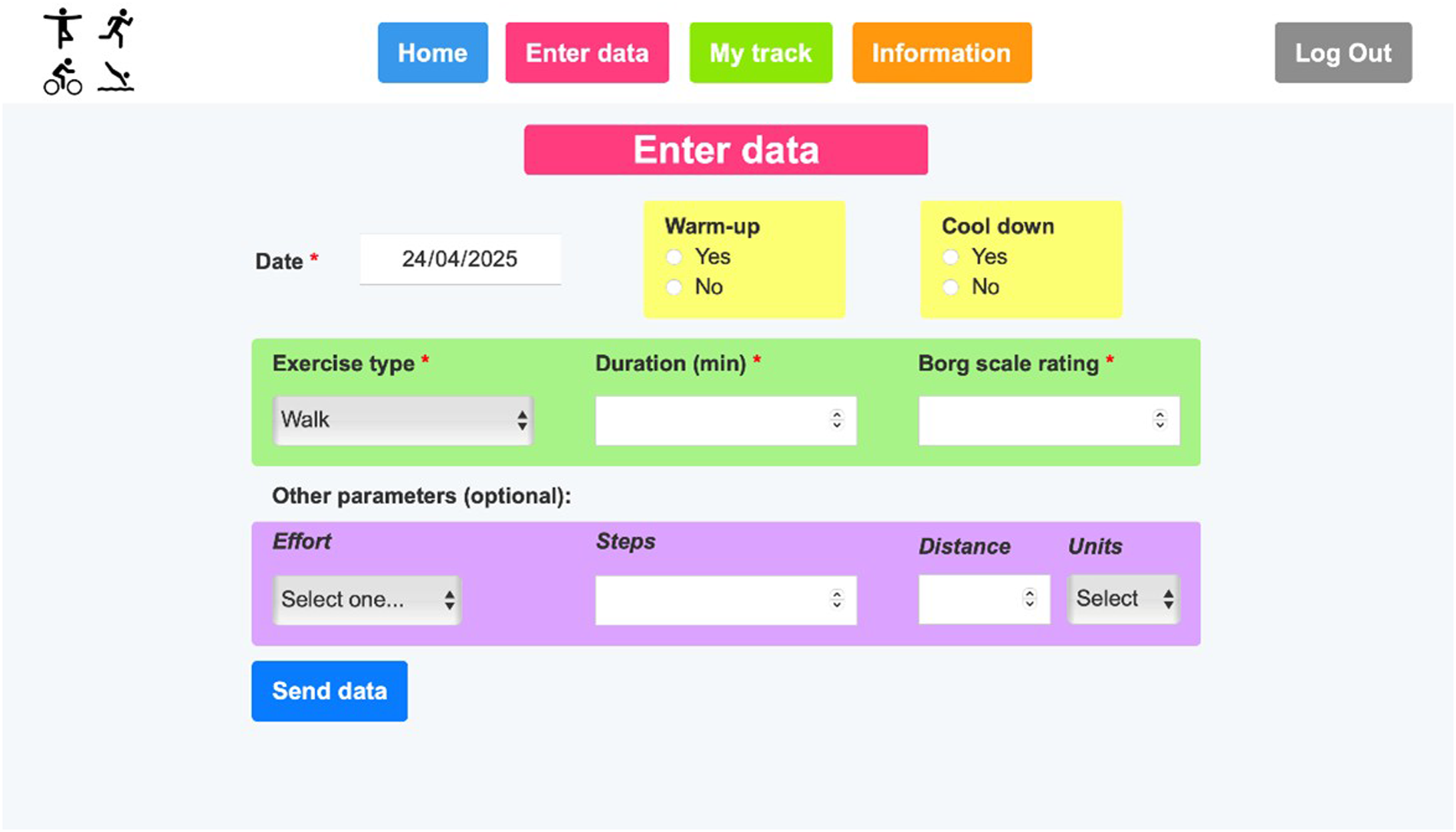 Form for entering exercise data with fields for selecting date, exercise type, duration, and Borg scale rating. Options for warm-up and cool down are provided. Additional parameters include effort, steps, distance, and units. Buttons for Home, Enter data, My track, Information, and Log Out are available.