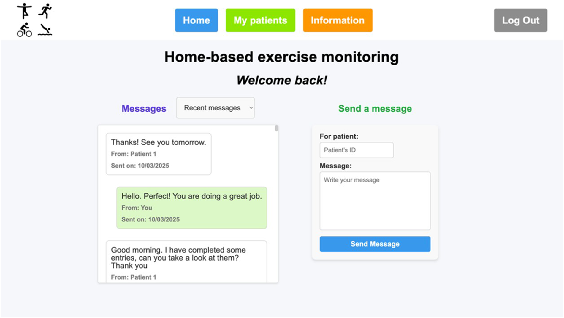 Home-based exercise monitoring interface with navigation buttons for Home, My Patients, and Information. A messages section shows recent exchanges between a patient and the user. The send message section allows for entering a patient's ID and composing messages. Options for logging out and viewing recent messages are also present.