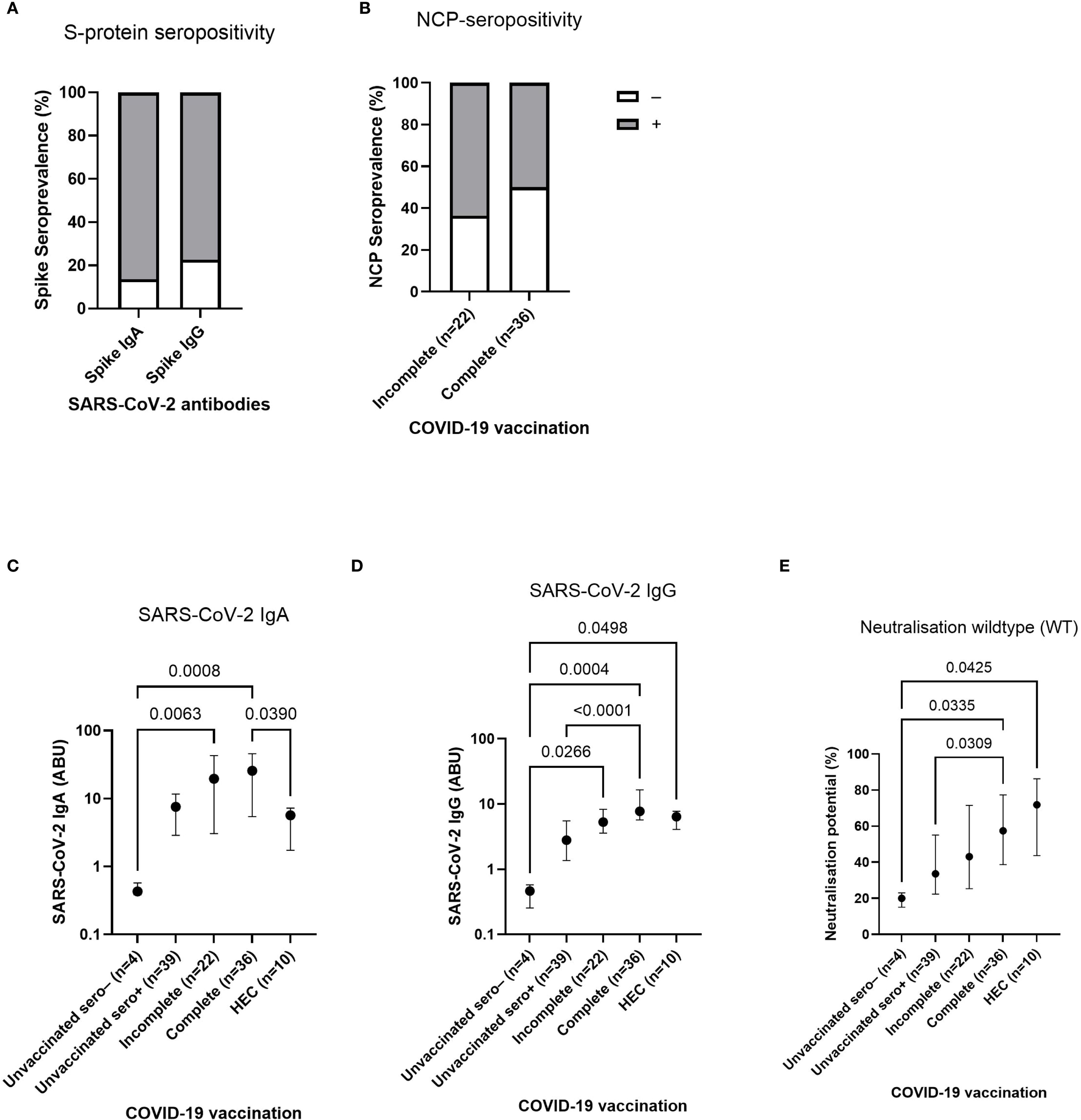 Bar charts illustrate S-protein and NCP seropositivity in different COVID-19 vaccination groups. Panels C, D, and E show dot plots comparing SARS-CoV-2 IgA and IgG levels, and neutralization potential among unvaccinated, partially vaccinated, and fully vaccinated individuals, with associated p-values.