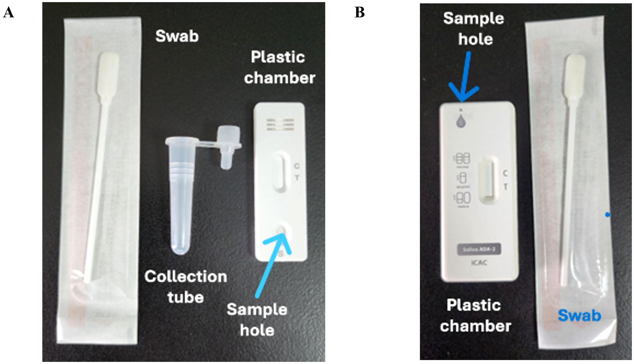 Panel A shows a swab, a collection tube, and a plastic chamber used for sample collection and testing. Panel B features a swab and a plastic chamber with a sample hole indicated by an arrow.