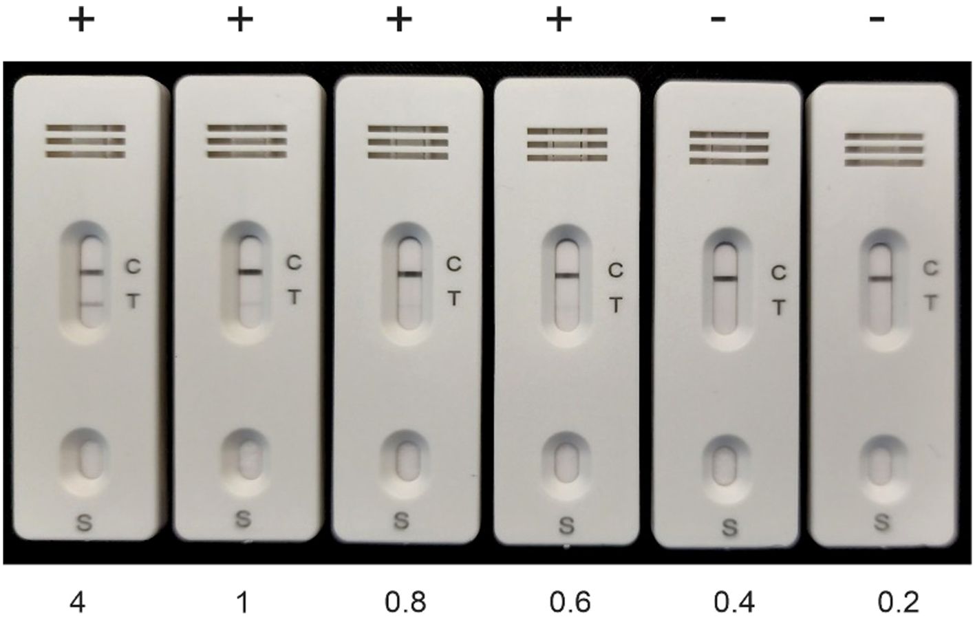 Six lateral flow test strips display different results. The first four strips show a visible test line under “T” and a control line under “C”, indicating positive results marked with a plus sign. The last two strips only have a control line, indicating negative results marked with a minus sign. Numerical labels “4”, “1”, “0.8”, “0.6”, “0.4”, and “0.2” are below each strip.