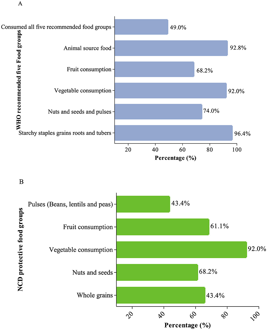 Bar graphs titled “A” and “B” show dietary data. “A” displays WHO recommended food group consumption percentages: consumed all groups (49.0%), animal source food (92.8%), fruit (68.2%), vegetables (92.0%), nuts, seeds, pulses (74.0%), starchy staples (96.4%). “B” shows NCD protective food groups: pulses (43.4%), fruit (61.1%), vegetables (92.0%), nuts and seeds (68.2%), whole grains (43.4%).