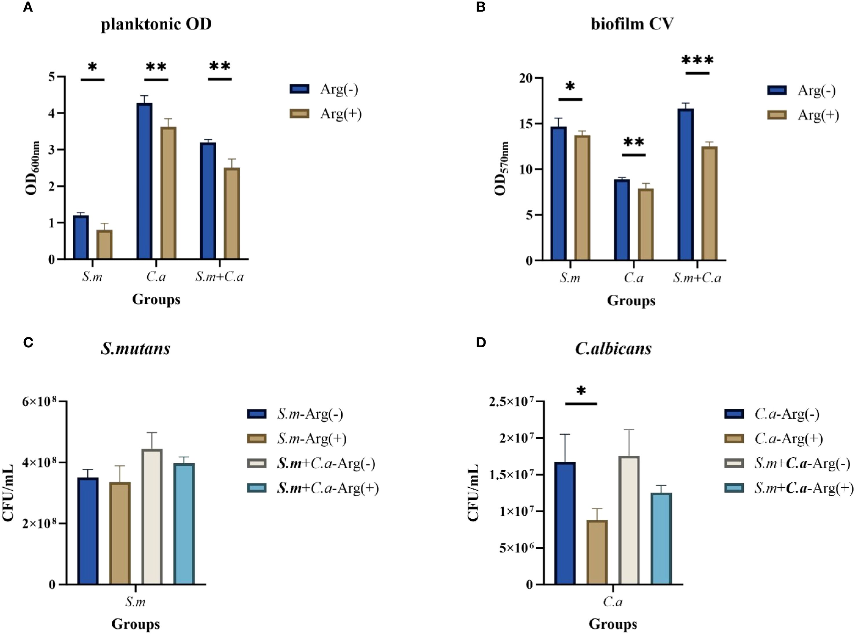 Bar charts illustrate the short-term effects of arginine on different groups. Chart A shows planktonic OD values with S.m, C.a, and S.m+C.a, where Arg(-) generally has higher values. Chart B displays biofilm CV, indicating S.m and S.m+C.a respond more to Arg(-). Chart C compares S.m CFU/mL between different arginine conditions, showing slight variations. Chart D shows C.albicans CFU/mL, where Arg(-) also has higher values. Statistical significance is marked with asterisks.