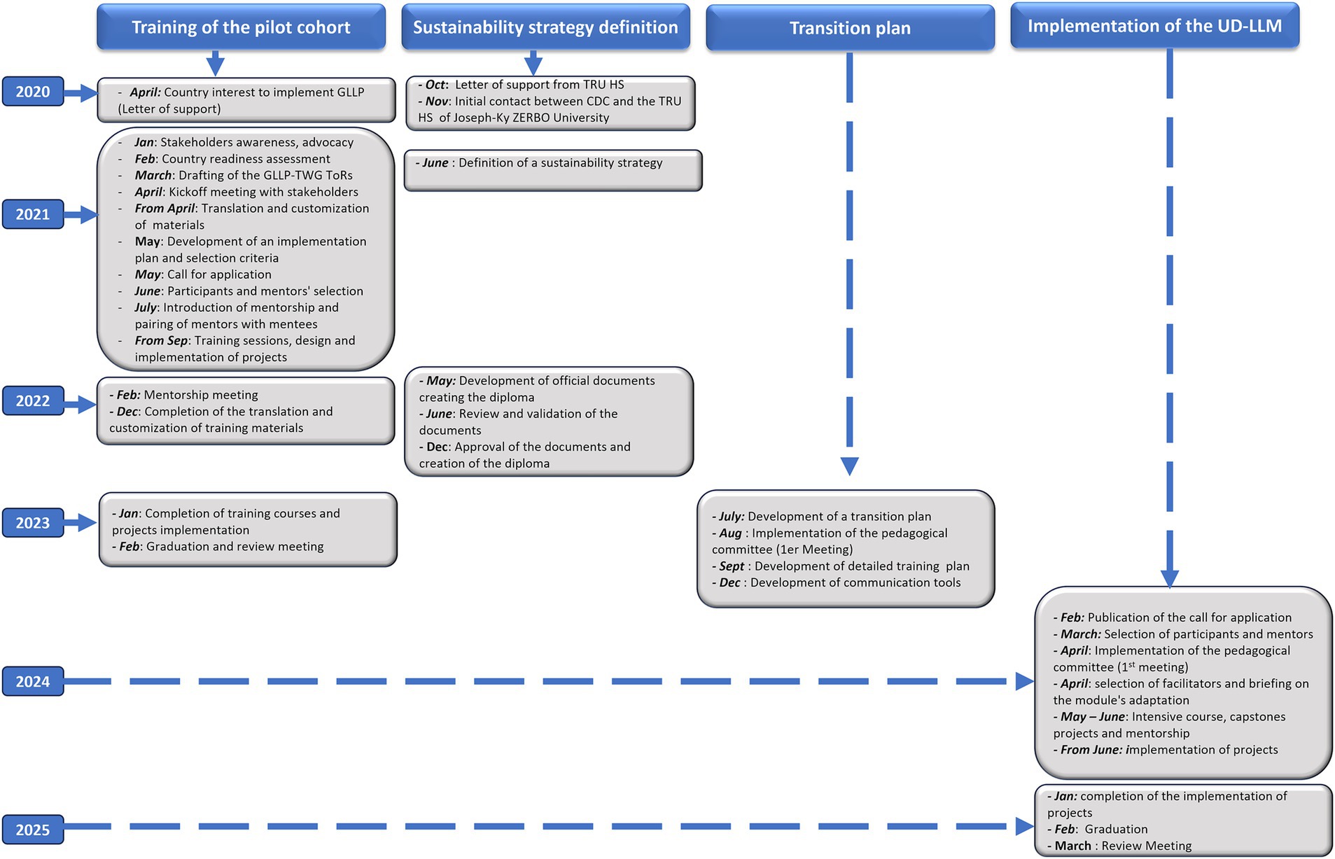 Flowchart detailing a multi-year plan for implementing the UD-LLM program from 2020 to 2025. Key phases include pilot cohort training, sustainability strategy definition, transition plan, and implementation. Each phase lists specific activities per year, progressing from training, assessment, and mentorship in early years to transition planning and project implementation in later years, culminating in reviews and completion meetings.