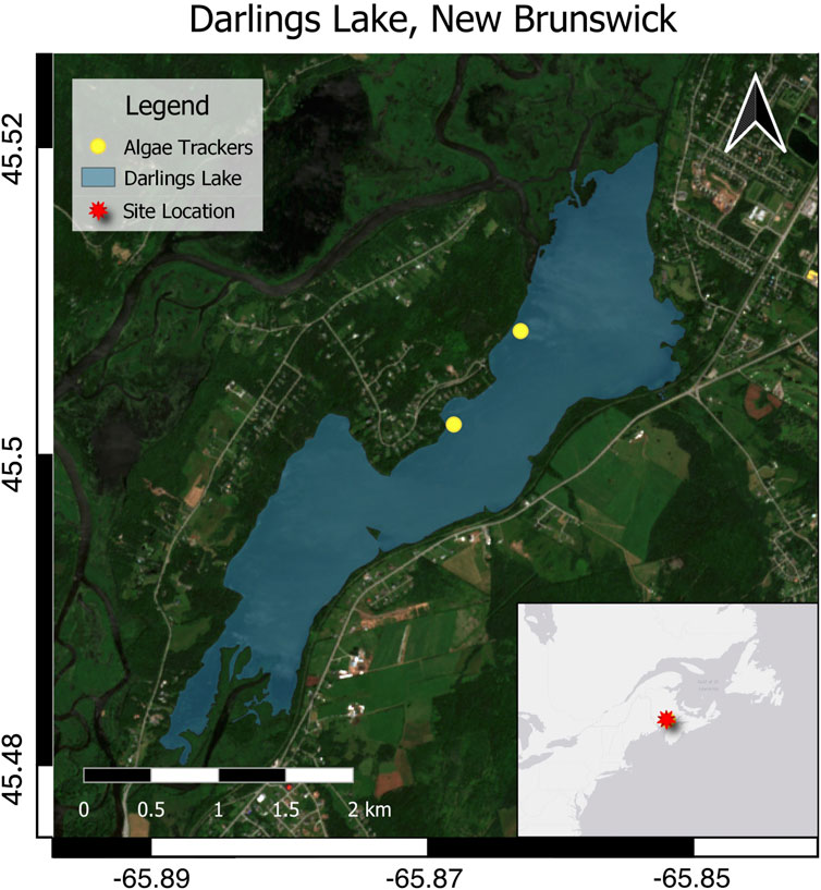 Satellite map showing Darlings Lake, New Brunswick, with two yellow dots representing AlgaeTrackersTM. North arrow, scale, and legend included. Coordinates are labeled along the sides. Inset map shows general site location (red star) in a larger geographic context.