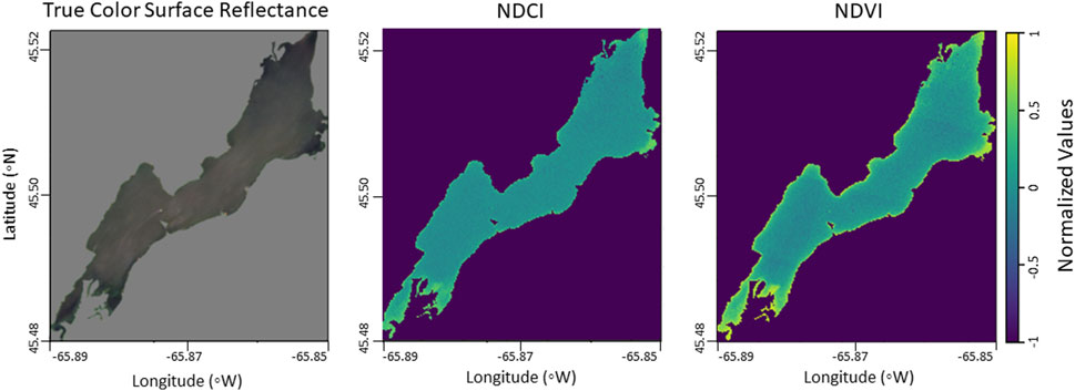 Three-panel comparison of surface reflectance and indices of Darlings Lake on 18 June 2021. The left panel shows a true color surface reflectance image. The middle panel depicts NDCI and the right panel shows NDVI. Coordinates are marked alongside each image, and a color bar on the right ranges from negative one to one, indicating normalized values for the indices.