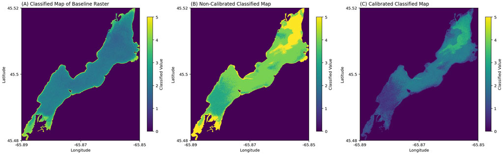 Three panels display classified maps of Darlings Lake. Panel A shows a classified map of the baseline raster with varying shades representing 6 classes. Panel B is a classified map of a non-calibrated raster with a higher percentage of color representing higher classes. Panel C is a classified map of a calibrated raster with less percentage of color representing higher classes. All maps include a color bar, with latitude and longitude markers.
