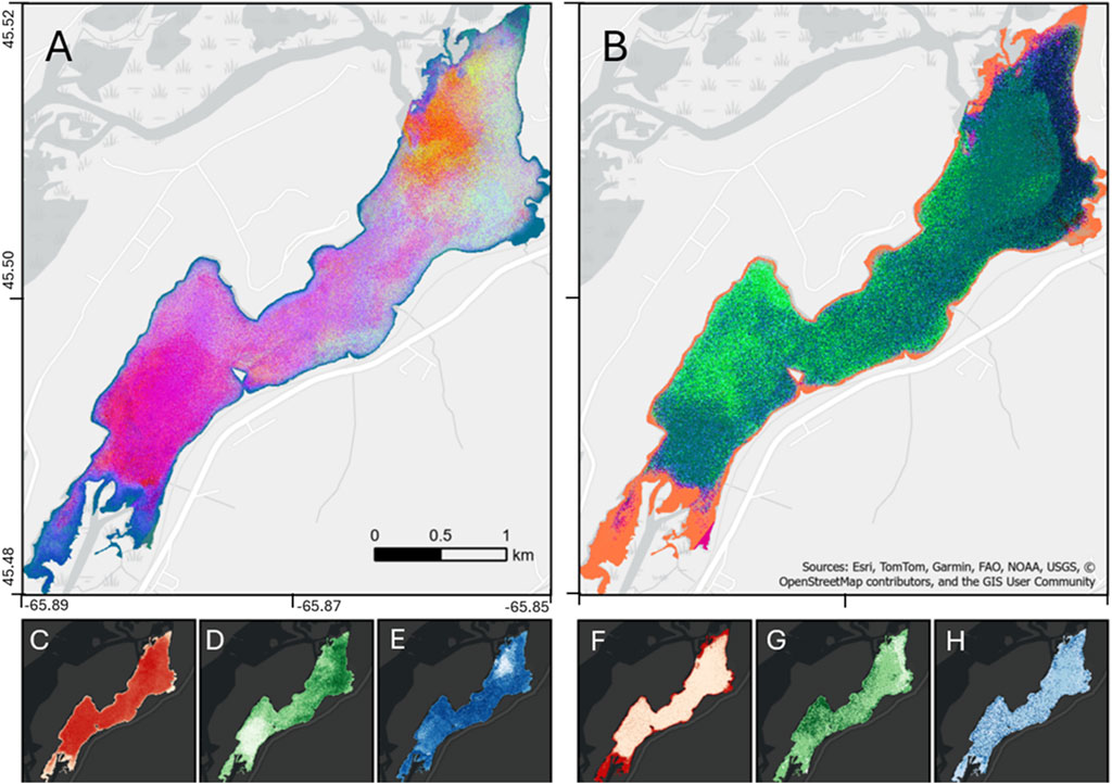 Two panels, labeled A and B, display combined red, green, and blue images of the first three principal components of Darlings Lake for the year 2021 and 2022, respectively. Below, smaller panels C to H show the individual principal components in red, green, and blue. A scale bar indicates distances in kilometers.