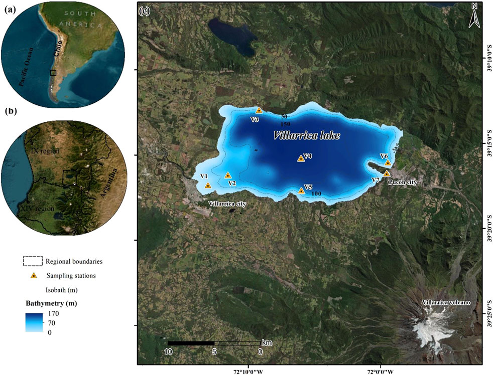 Map showing Villarrica Lake and surrounding region in Chile. Panel (a) shows the location in South America. Panel (b) highlights the IX and XIV regions bordering Argentina. Panel (c) focuses on Villarrica Lake with depth indicated by blue shading, sampling stations marked by yellow triangles, and nearby cities, Villarrica and Pucón. Villarrica volcano is visible to the southeast.