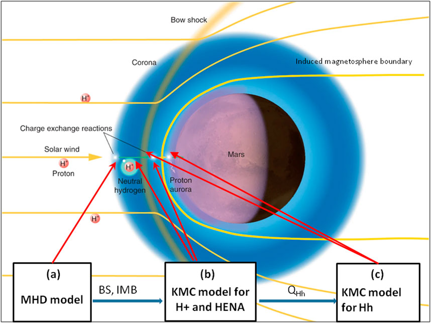 Diagram illustrating Mars' interaction with solar wind. Yellow lines depict solar wind and its interaction with Mars, forming a bow shock and induced magnetosphere boundary. Charge exchange reactions involve protons and neutral hydrogen, leading to proton aurora. The image includes labels for MHD model, BS, IMB, and KMC models for H+ and HENA.