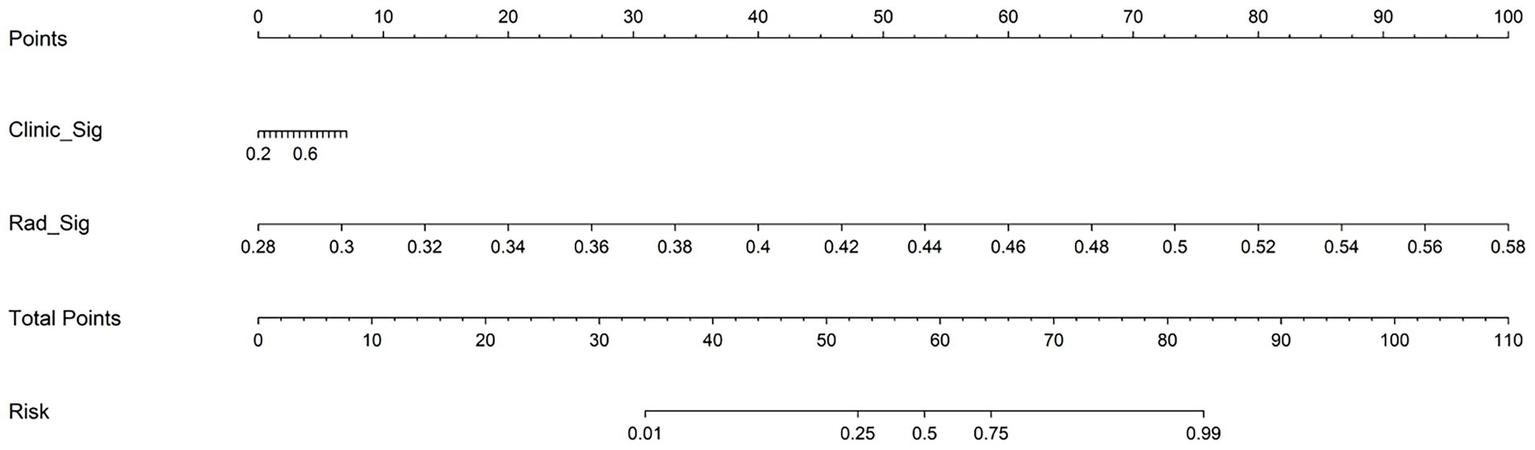 A series of aligned scales depicting different metrics. The top scale shows "Points" ranging from 0 to 100. Below, "Clinic_Sig" has a scale from 0.2 to 0.6, followed by "Rad_Sig" from 0.28 to 0.58. "Total Points" is marked from 0 to 110, and "Risk" ranges from 0.01 to 0.99. Each scale is marked with incremental ticks.