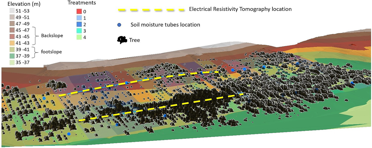 Three-dimensional landscape model showing elevations ranging from 35 to 53 meters, control and fertirrigation treatments, all categorized by color. Trees and soil moisture tubes are marked. Dashed yellow lines indicate Electrical Resistivity Tomography locations.