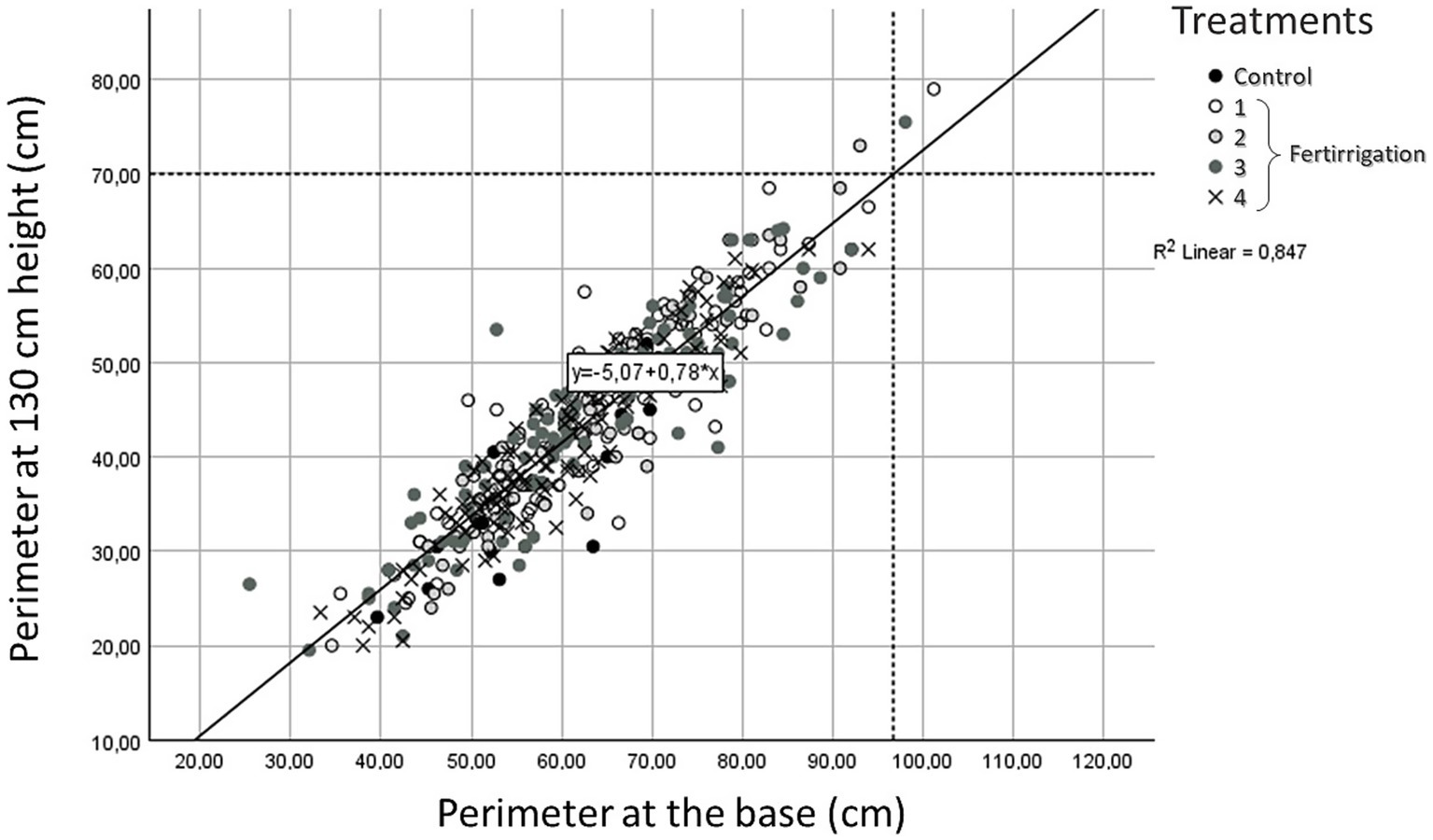 Scatter plot depicting the relationship between perimeter at the base and perimeter at 130 cm height in centimeters. Data points represent different treatments: Control, and 4 fertirrigation treartments. A linear trend line with equation \(y = -5.07 + 0.78x\) and \(R^2 = 0.847\) is shown. Axes range from 20 to 120 cm on the x-axis and 10 to 80 cm on the y-axis.