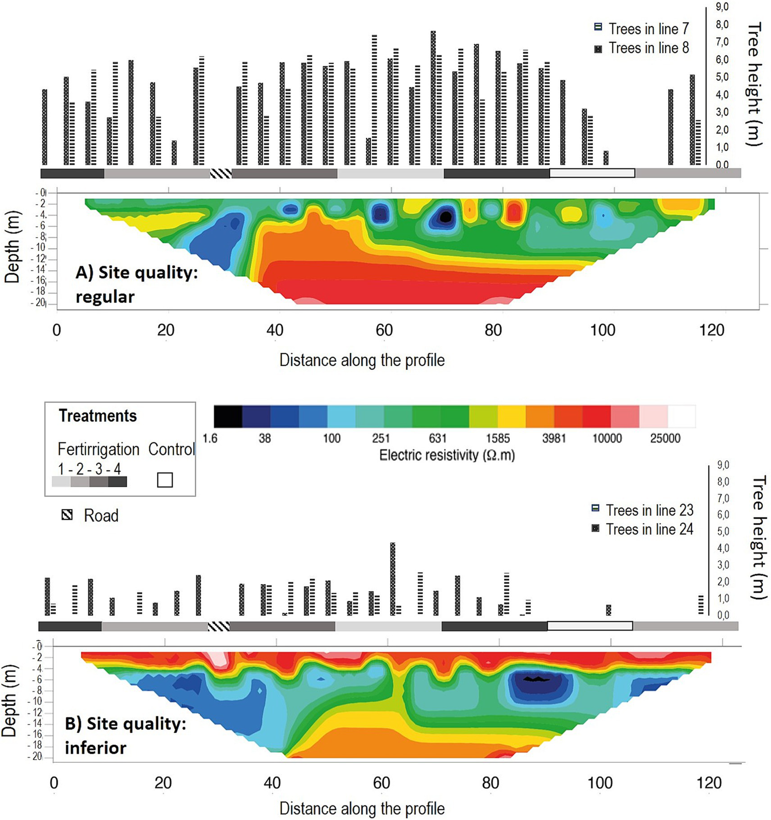 Two graphs compare tree height and soil electric resistivity at sites labeled "A) Site quality: regular" and "B) Site quality: inferior." Vertical bars represent tree heights in meters. Colored contour maps display soil electric resistivity at varying depths, ranging from 1.6 to 25,000 ohm meters. A legend details treatments: fertirrigation levels and control. Horizontal axes show distance in meters.