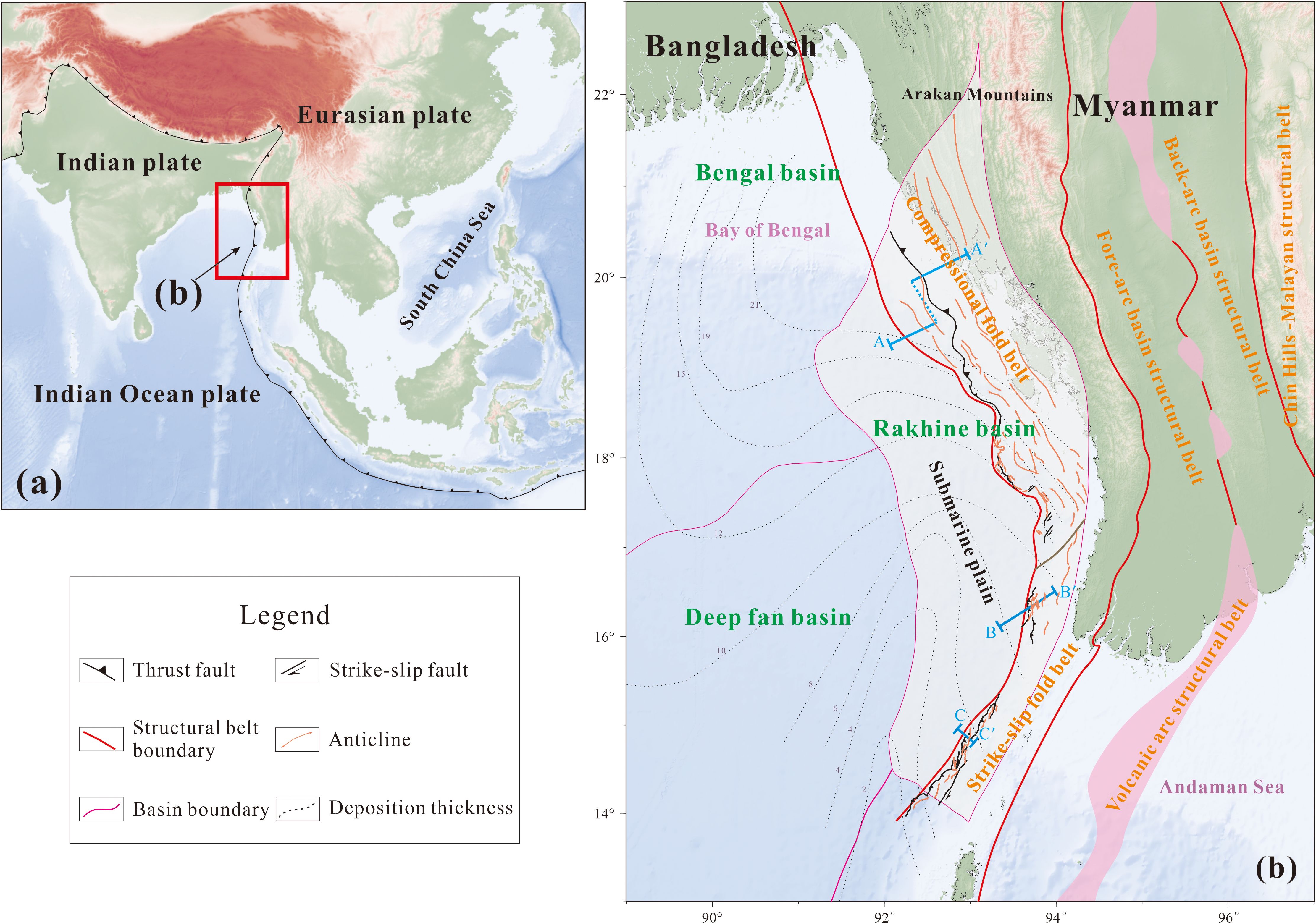 Map showing tectonic plates and geological features in South Asia. The left map highlights the Indian, Eurasian, and Indian Ocean plates, with a focus on Bangladesh and Myanmar. The right map details geological basins and structural belts like the Bengal basin, Rakhine basin, and deep fan basin along with various faults and fold belts. A legend explains symbols for thrust faults, strike-slip faults, and geological boundaries.