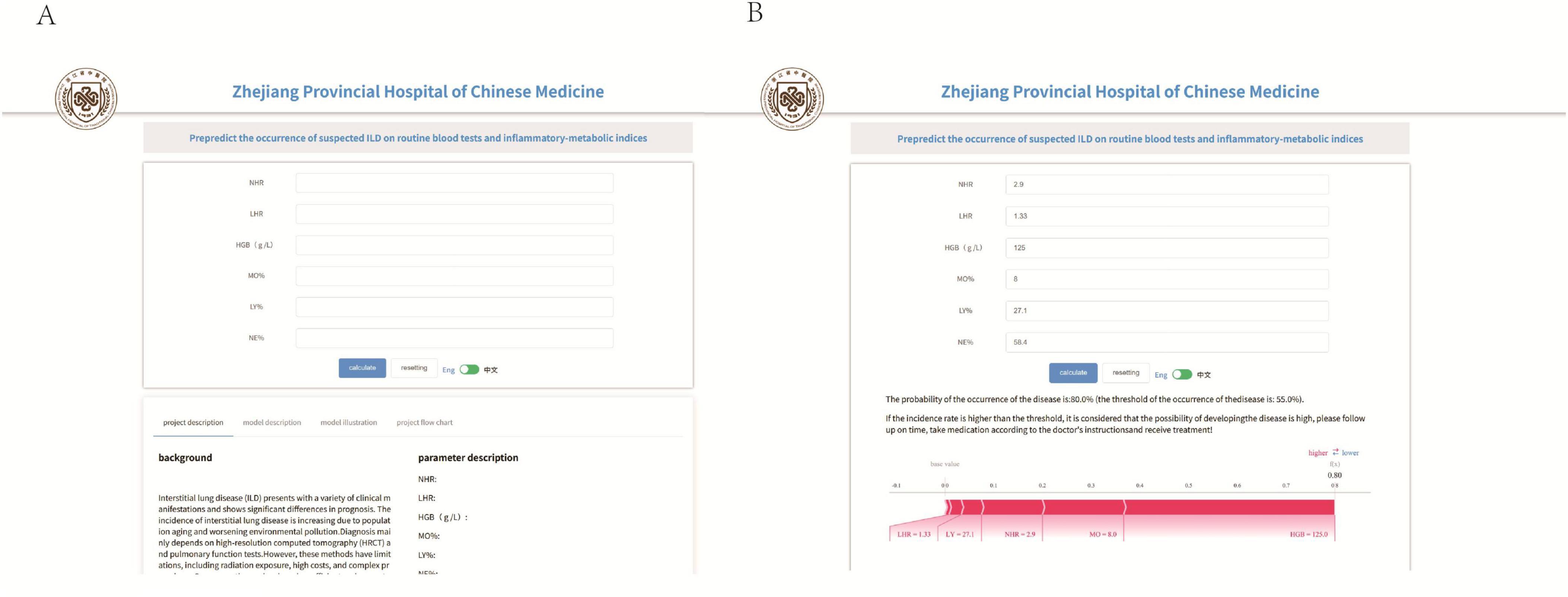 Side-by-side comparison of two screenshots labeled A and B from the Online Prediction Platform. Image A shows a blank prediction input form for predicting the occurrence of suspected liver disease using blood tests and metabolic indices. Image B shows the same form, but filled with data, displaying predictive outcomes and a color-coded risk scale at the bottom indicating varying levels of risk.