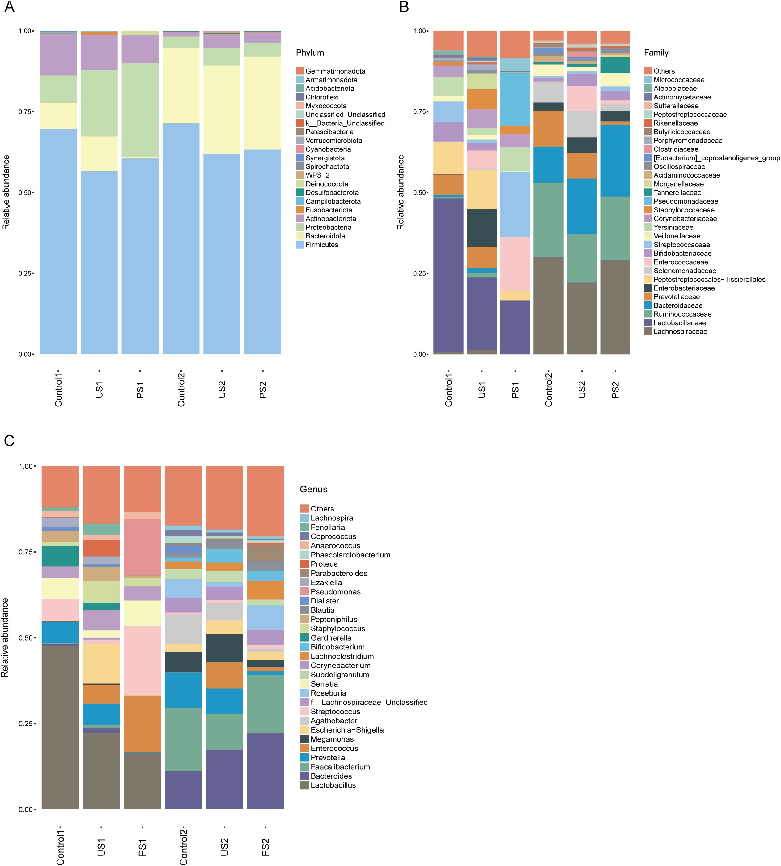 Stacked bar charts showing microbial composition across different samples. Chart A depicts relative abundance at the phylum level, dominated by Firmicutes and Bacteroidota. Chart B shows family-level composition, highlighting families like Lachnospiraceae and Ruminococcaceae. Chart C illustrates genus-level distribution, with notable genera like Lachnospira and Prevotella. Each chart compares Control, US1, PS1, Control2, US2, and PS2 groups.