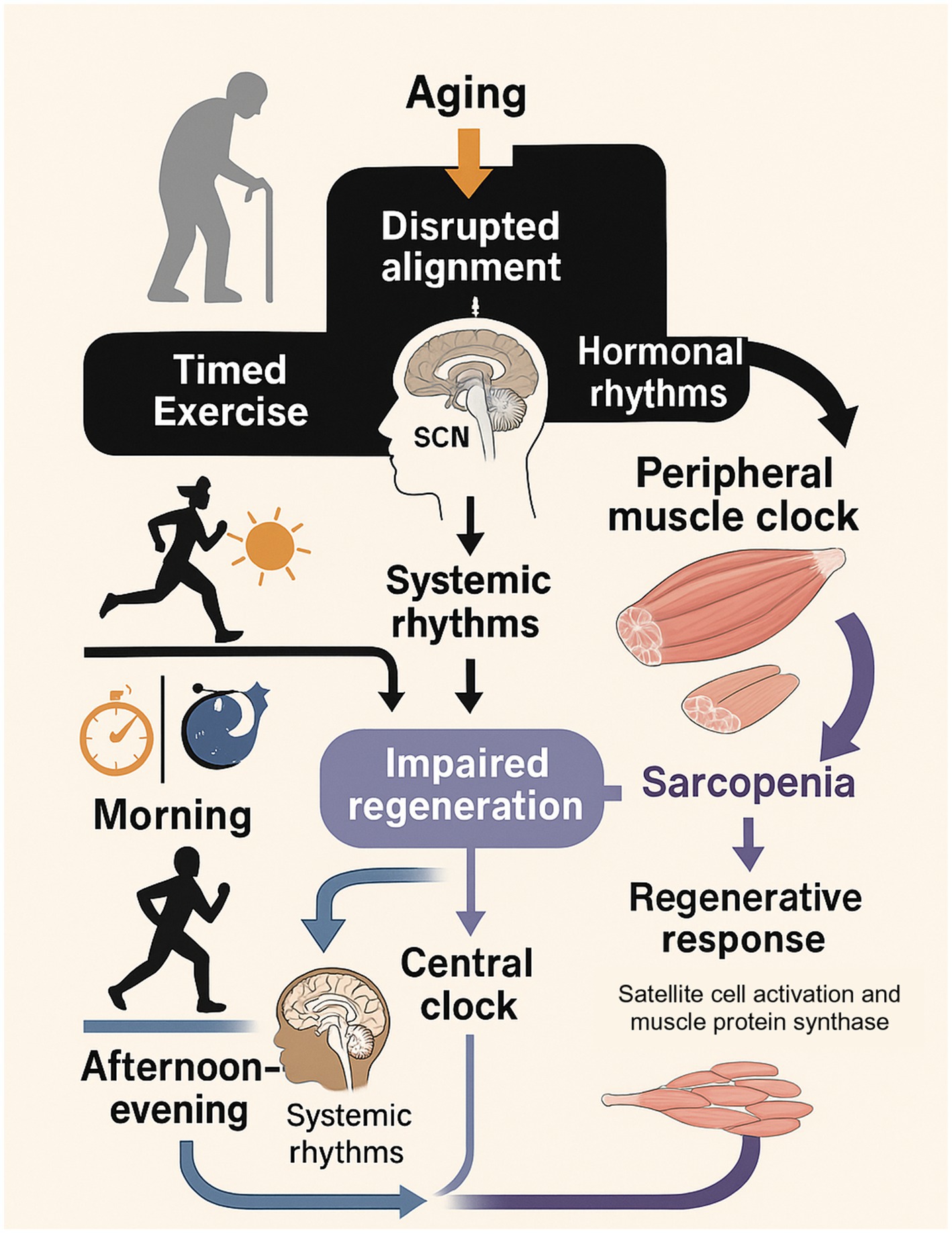 Flowchart depicting the impact of aging on muscle regeneration. Aging causes disrupted alignment, affecting hormonal rhythms and the peripheral muscle clock. This disruption impairs regeneration, leading to sarcopenia. Timed exercise, with variations between morning and afternoon, influences systemic rhythms through interactions with the central clock, enhancing regenerative responses like satellite cell activation and muscle protein synthesis.