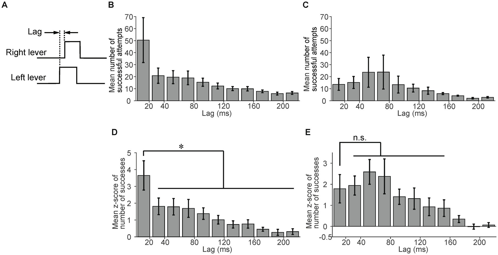 Diagram and bar graphs showing lever pulls and success rates. Panel A illustrates timing for right and left lever pulls with labeled “Lag.” Panels B and C display mean number of successful attempts over various time lags, with numbers decreasing as lag increases. Panels D and E show mean z-scores of successes, with a significant difference marked in D, indicated by an asterisk, and a non-significant difference marked in E as “n.s.” Error bars indicate variability.