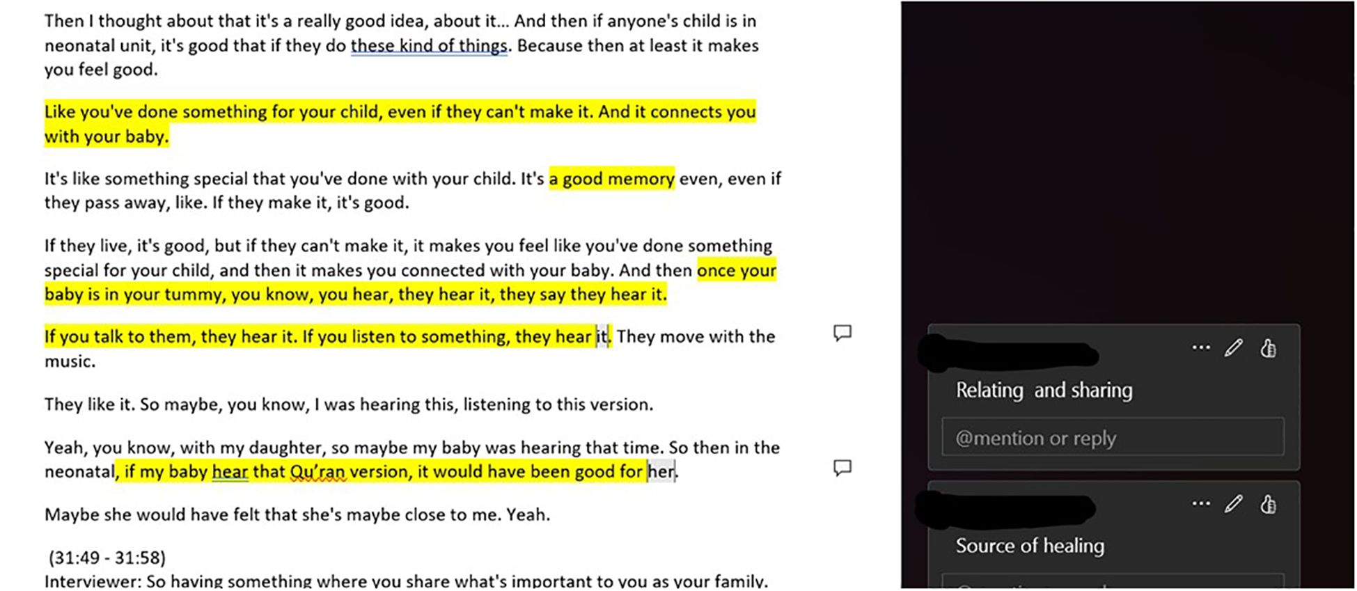 Text from a dialogue discussing emotional connections with a child in a neonatal unit. Highlighted phrases emphasize creating memories and connections with a baby, even during challenging circumstances, and the belief that babies can hear and respond emotionally. Additional text on a dark background allows comments and replies.
