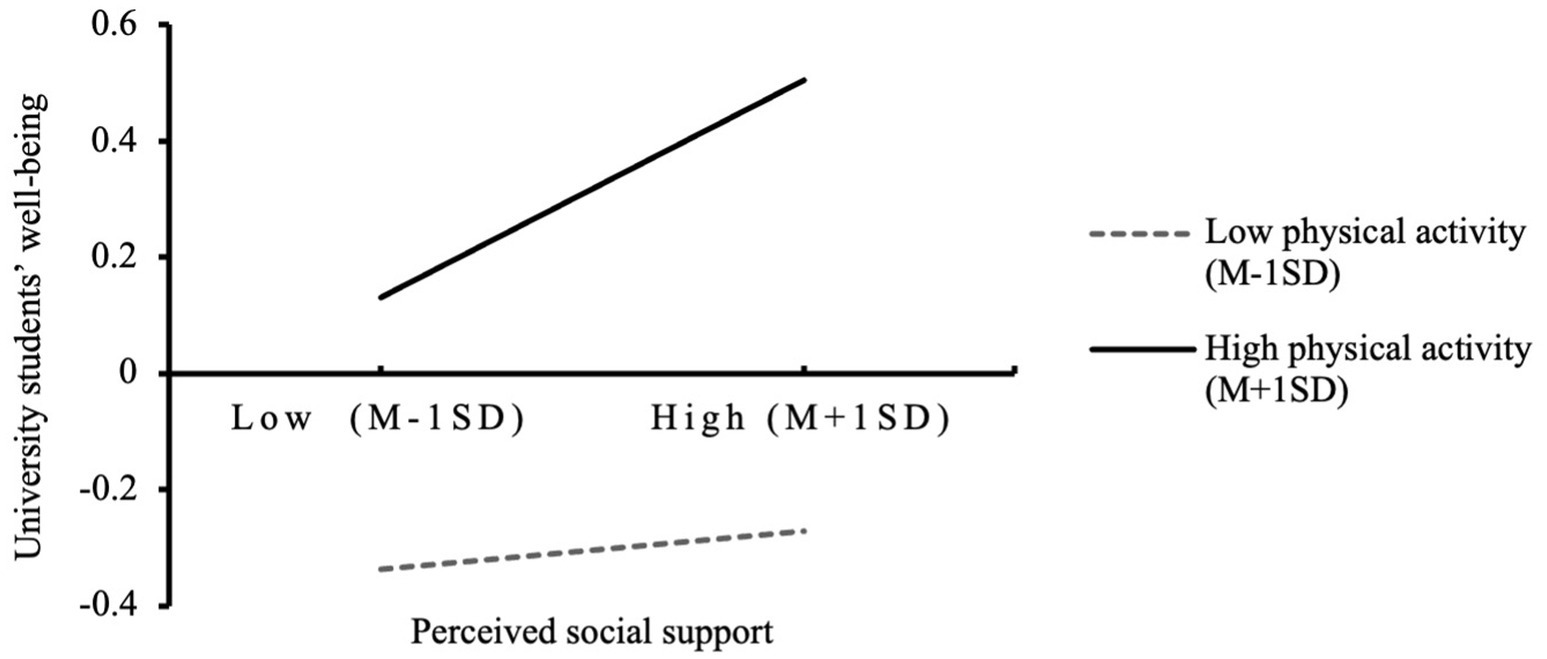 Line graph depicting university students’ well-being as a function of perceived social support. Two lines represent different levels of physical activity: a dashed line for low activity and a solid line for high activity. The graph shows well-being increases with more social support, especially for those with high physical activity.
