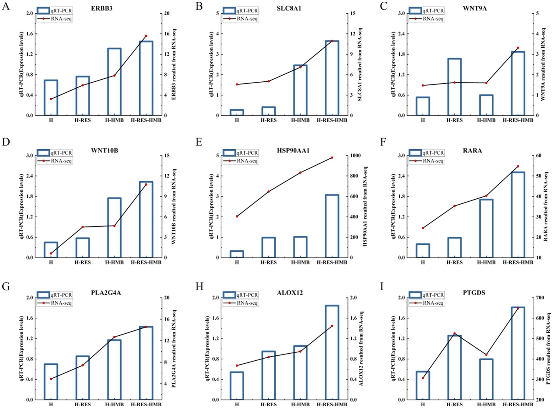 Graphs A to I display gene expression levels using qRT-PCR and RNA-seq for different conditions: H, H-RES, H-HMB, and H-RES-HMB. Each graph corresponds to a specific gene: ERBB3, SLC8A1, WNT9A, WNT10B, HSP90AA1, RARA, PLA2G4A, ALOX12, and PTGDS. Increasing trends in expression levels are observed across most conditions. Blue bars represent qRT-PCR data, and black lines with red points indicate RNA-seq results.