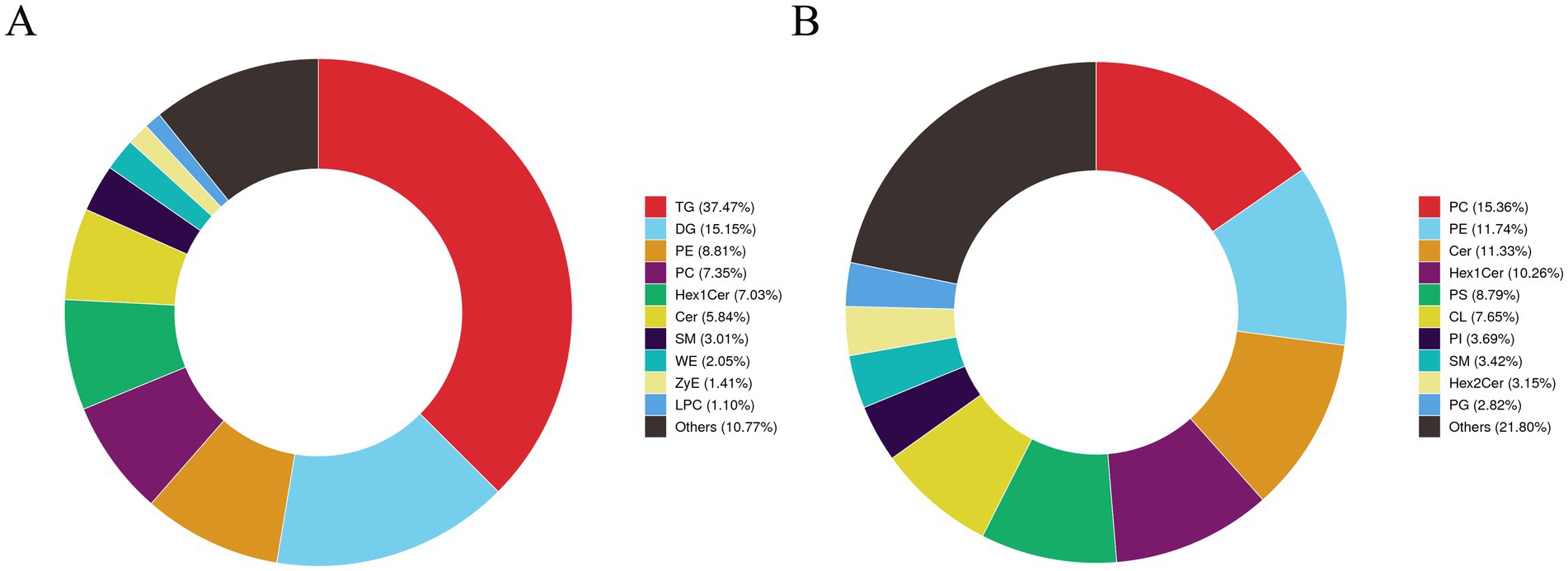 Two donut charts labeled A and B. Chart A shows segments: TG (37.47%), DG (15.15%), PE (8.81%), PC (7.35%), Hex1Cer (7.03%), Cer (5.84%), SM (3.01%), WE (2.05%), ZyE (1.41%), LPC (1.10%), Others (10.77%). Chart B shows segments: PC (15.36%), PE (11.74%), Cer (11.33%), Hex1Cer (10.26%), PS (8.79%), CL (7.65%), PI (3.69%), SM (3.42%), Hex2Cer (3.15%), PG (2.82%), Others (21.80%).