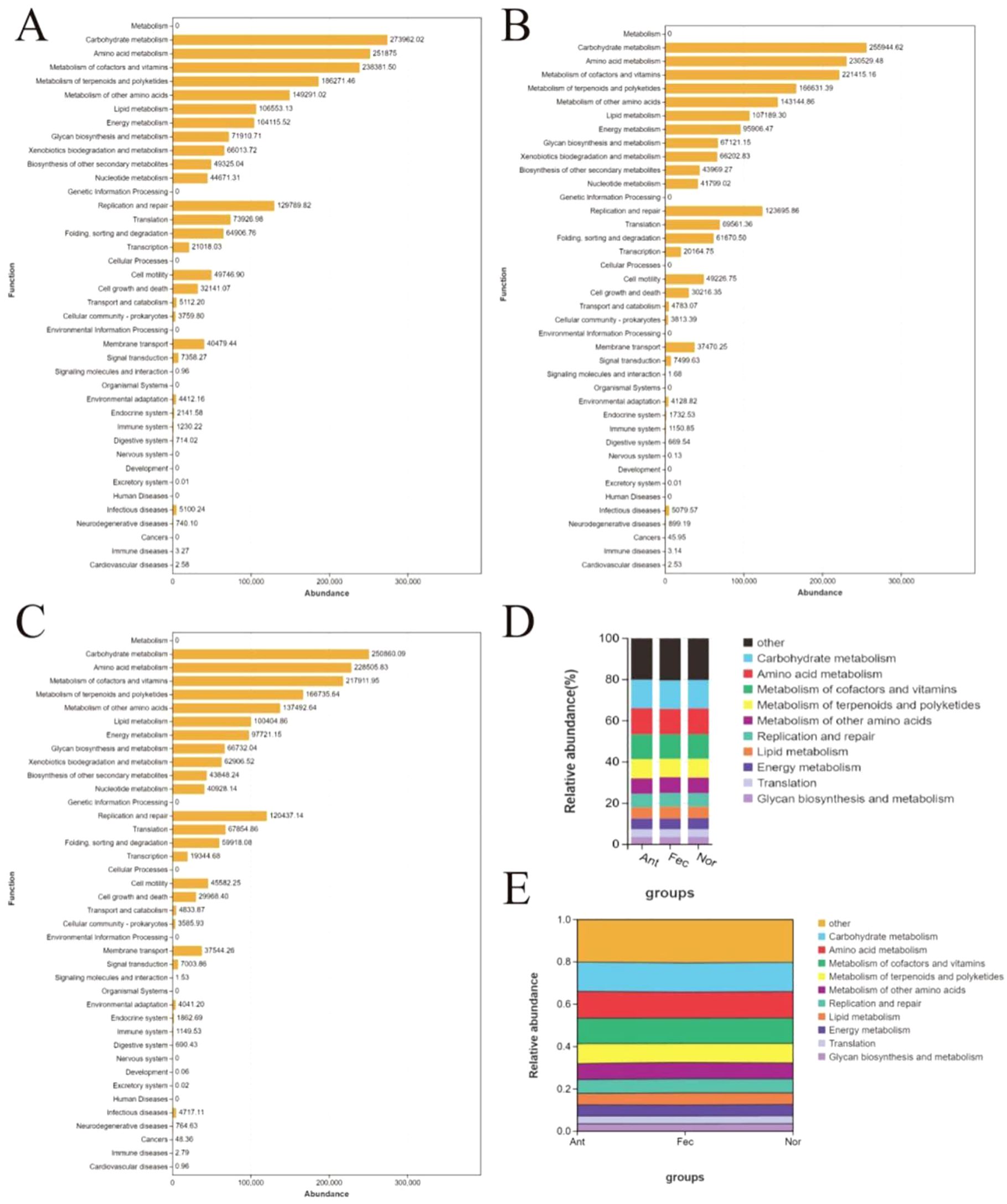 Charts A, B, and C display bar graphs of different metabolic categories with corresponding abundance values. Chart D shows a stacked bar graph of relative abundance percentages for ant, fec, and nor groups, with categories indicated by different colors. Chart E presents a horizontal stacked bar chart illustrating the relative abundance for the same groups, showing a consistent color-coded categorization.
