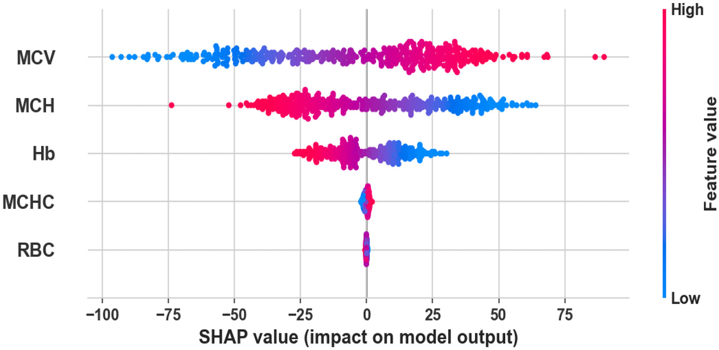 SHAP value plot depicting the impact of five features on model output: MCV, MCH, Hb, MCHC, and RBC. The x-axis represents SHAP values ranging from -100 to 100, indicating feature impact. Points are colored by feature value from low (blue) to high (red), showing how changes in features influence predictions.