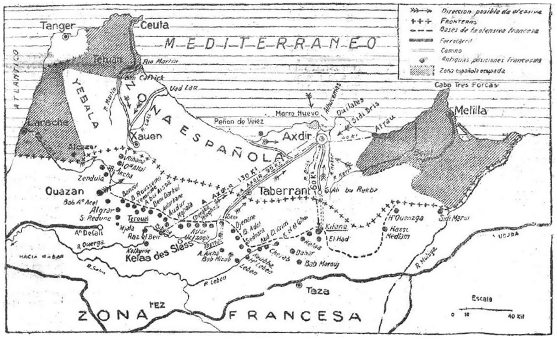 Historical map depicting the northern region of Morocco during the 1920s with the boundaries of the Spanish and French Protectorates and the international city of Tangier. It shows the location of the line of French military outposts near the Rif mountains.