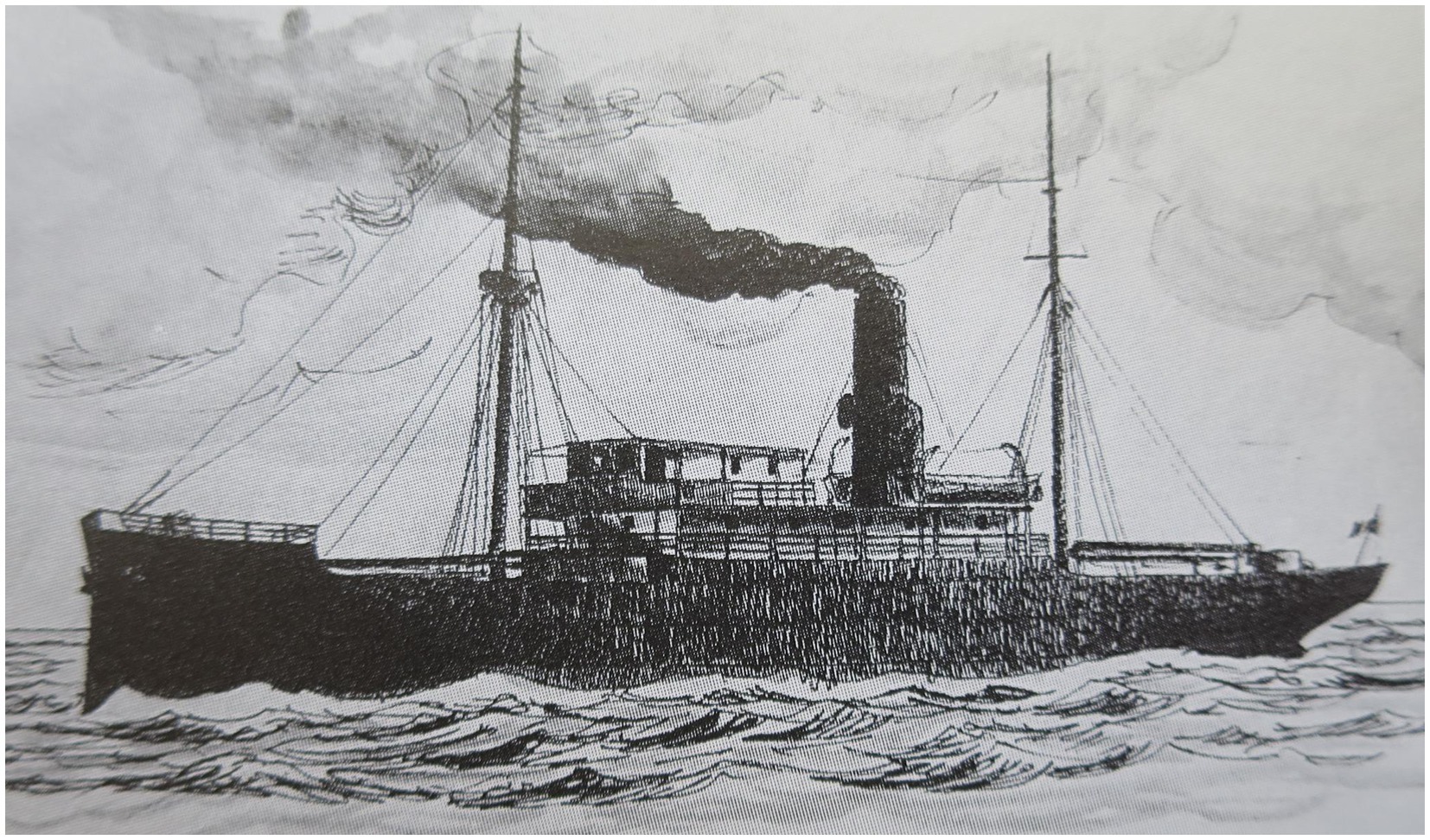Illustration of a steamship at sea, emitting dark smoke from its central funnel. The ship, with two masts and rigging, is depicted against a cloudy sky with waves surrounding its hull.