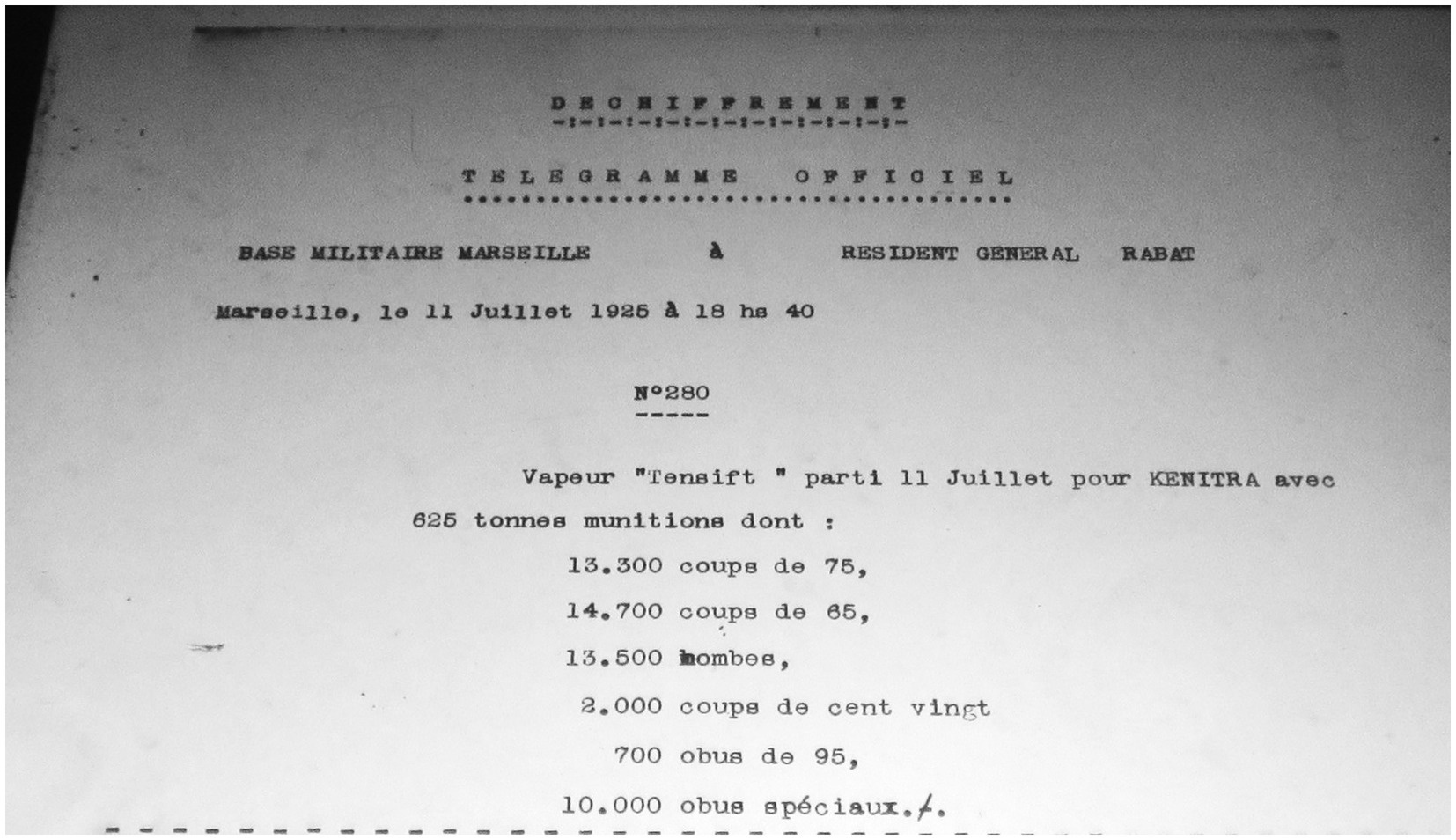 Official telegram dated July 11, 1925, from Marseille military base to Rabat Resident General. It details the shipment of 625 tons of munitions aboard the
