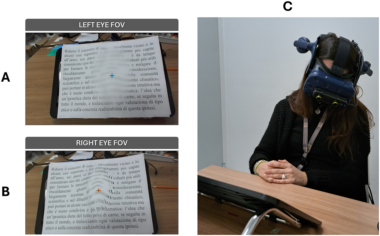 Panels A and B show a book viewed through left and right eye fields of view, with text blurred except for central focus areas marked by plus signs. Panel C depicts a person wearing a VR headset, seated at a desk.