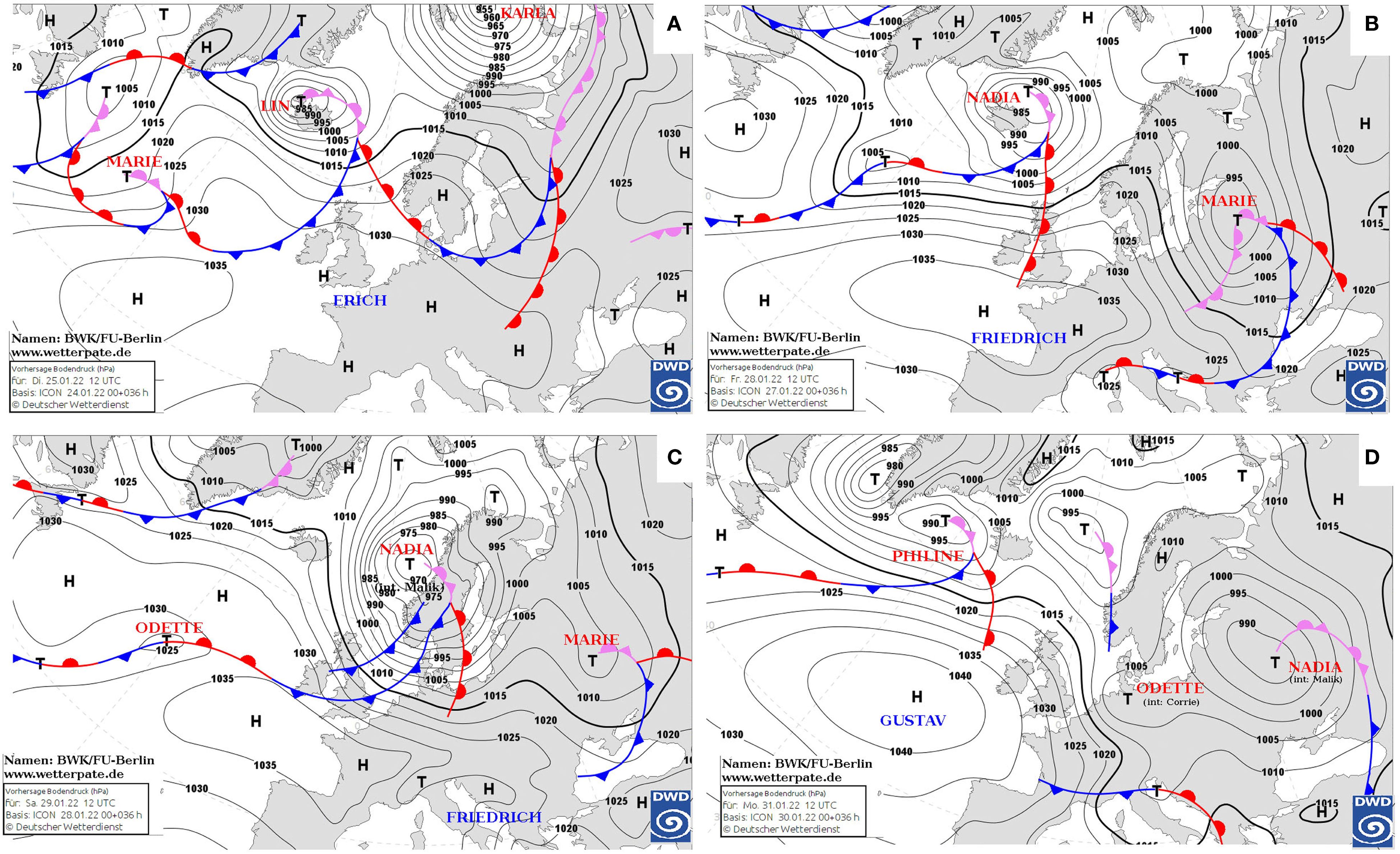 Weather maps for different dates in January 2022, showing isobars, high and low-pressure areas, and frontal systems across Europe. Maps are labeled A to D with names like Marie, Friedrich, and Nadia to denote specific weather systems. Each map includes pressure readings and frontal boundaries, with key features highlighted in blue and red lines, indicating warm and cold fronts. The maps provide a visual overview of atmospheric conditions and pressure gradients during those dates.