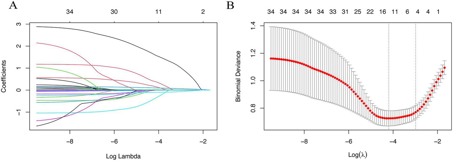 Panel A shows a graph of coefficients versus log lambda, illustrating how coefficients change across different penalty strengths in a regularization path. Panel B displays a graph of binomial deviance versus log lambda, with red dots indicating the deviance and vertical lines representing error bars. The deviance decreases and then increases, forming a curve.