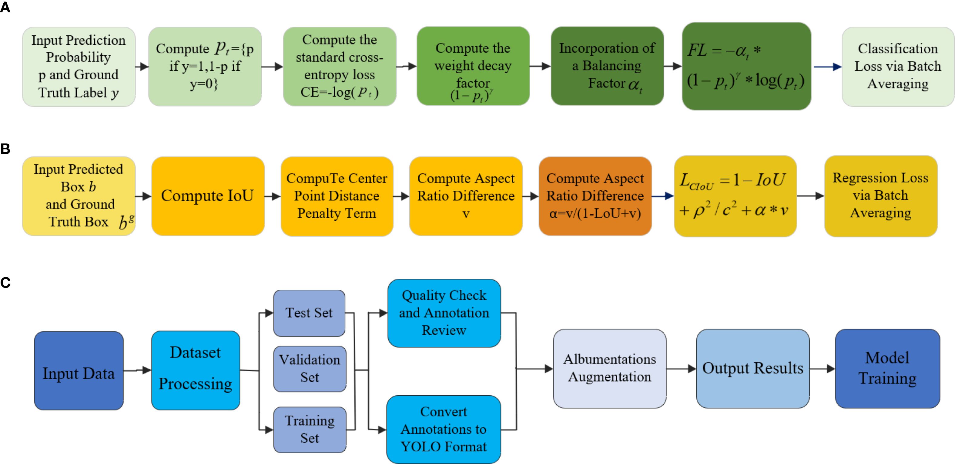 Flowchart illustrating three processes: A) Classification loss calculation using input prediction probability and ground truth label, involving cross-entropy loss, weight decay, and balancing factor. B) Regression loss calculation using predicted and ground truth boxes, involving Intersection over Union (IoU), center point distance penalty, and aspect ratio difference. C) Workflow from input data to model training, including dataset processing, annotation conversion to YOLO format, quality check, augmentation, and output results.
