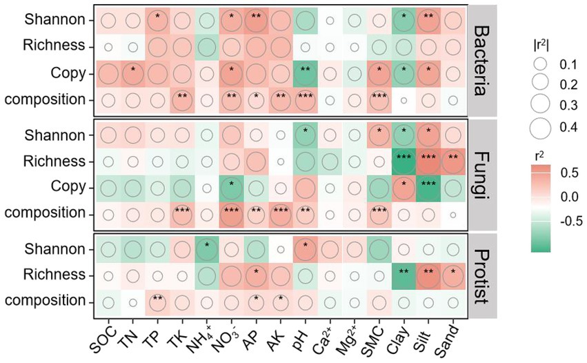 Heatmap displaying correlations between soil properties and microbial diversity indices for bacteria, fungi, and protists. The indices are Shannon, Richness, Copy, and Composition. Soil properties include SOC, TN, TP, TK, \( \text{NH}_4^+ \), \( \text{NO}_3^- \), AP, AK, pH, \( \text{Ca}^{2+} \), \( \text{Mg}^{2+} \), SMC, Clay, Silt, and Sand. Color gradient from red to green indicates correlation values, with circle size representing correlation strength. Statistical significance is indicated by asterisks.