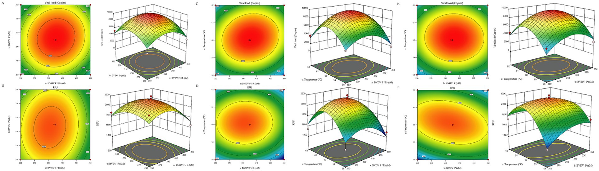 Two sets of contour plots and corresponding 3D surface graphs display viral load and RFU data. The contour plots use a color gradient from green to red, indicating intensity levels, and are labeled with axes and values. The 3D graphs depict the same data with a grid surface, showing the relationship between variables such as temperature and BVDV concentration, with clear axis labels and scale.