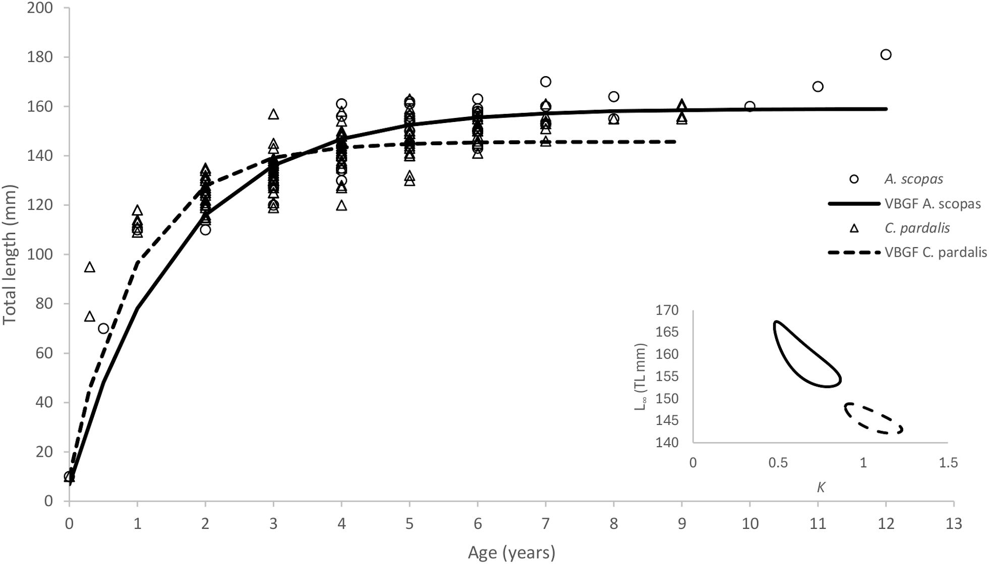 Graph displaying total length (millimeters) versus age (years) for two species: *A. scopas* and *C. pardalis*. Data points for *A. scopas* are circles, and triangles for *C. pardalis*. Solid line represents VBGF for *A. scopas*, dashed for *C. pardalis*. Inset shows parameters \(L_\infty\) and \(K\) with confidence intervals.